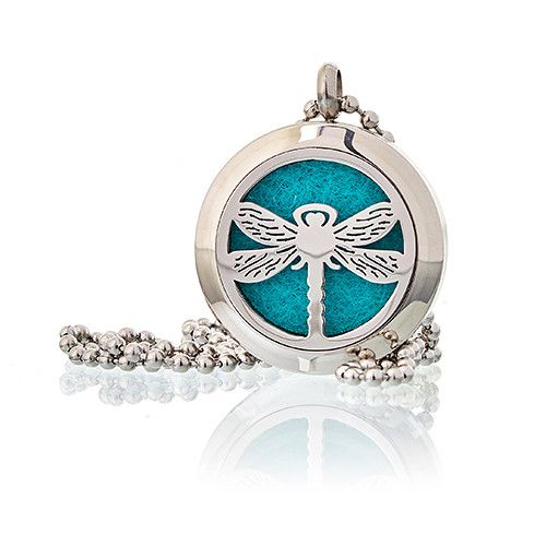 Alt Tag: Stainless Steel Aromadiffuser Diffuser Necklace – Dragonfly 25MM stainless steel round pendant with dragonfly cutout and blue scent pad