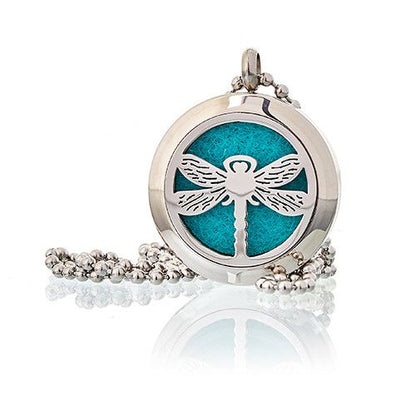 Alt Tag: Stainless Steel Aromadiffuser Diffuser Necklace – Dragonfly 25MM stainless steel round pendant with dragonfly cutout and blue scent pad