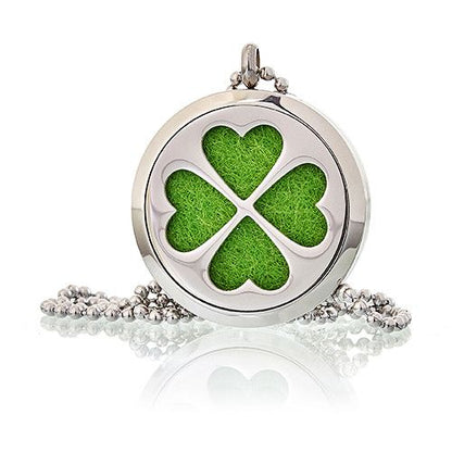 Stainless Steel Aromadiffuser Necklace – Four Leaf Clover 30MM, round stainless steel locket pendant with green felt pad
