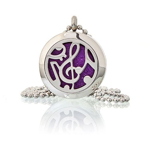 Alt Tag: Stainless Steel Aromadiffuser Diffuser Necklace – Music Notes 25MM, stainless steel round pendant with music notes cutout and purple pad