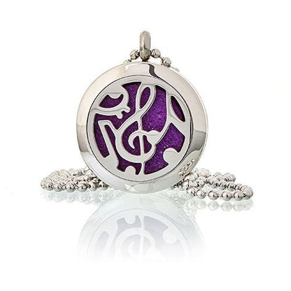 Alt Tag: Stainless Steel Aromadiffuser Diffuser Necklace – Music Notes 25MM, stainless steel round pendant with music notes cutout and purple pad