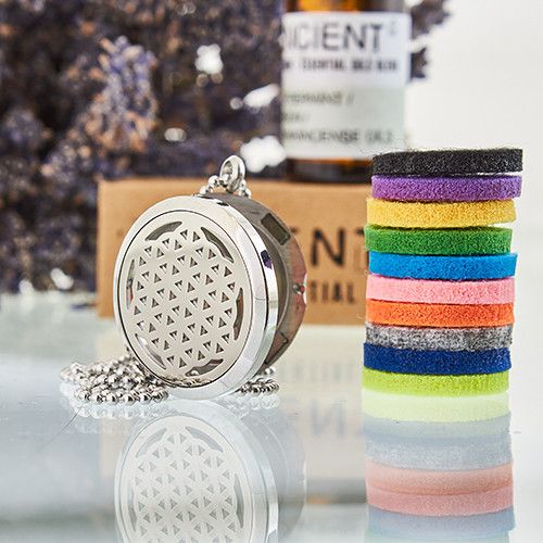 Stainless Steel Aromascent Necklace – Flower of Life 30MM diffuser locket pendant with chain and multicolor felt pads