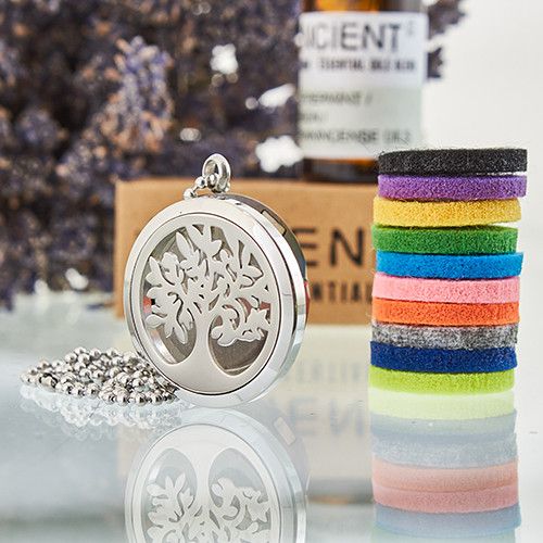 Alt Tag: Stainless Steel Aromascent Necklace – Tree of Life 30MM, colgante difusor de acero inoxidable con cadena y almohadillas de fieltro