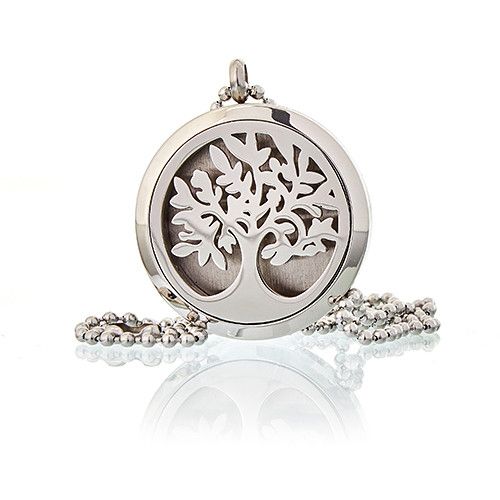 Alt Tag: Stainless Steel Aromascent Necklace – Tree of Life 30MM, colgante redondo de acero inoxidable con diseño Árbol de la Vida y cadena