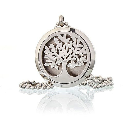 Alt Tag: Stainless Steel Aromascent Necklace – Tree of Life 30MM, colgante redondo de acero inoxidable con diseño Árbol de la Vida y cadena
