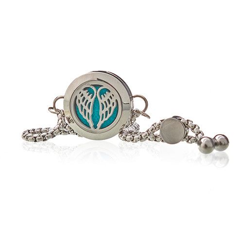 Alt Tag: Stainless Steel Aromatherapy Bracelet – Angel Wings 20MM, pulsera de acero inoxidable con medallón difusor 20 mm y diseño de alas de ángel