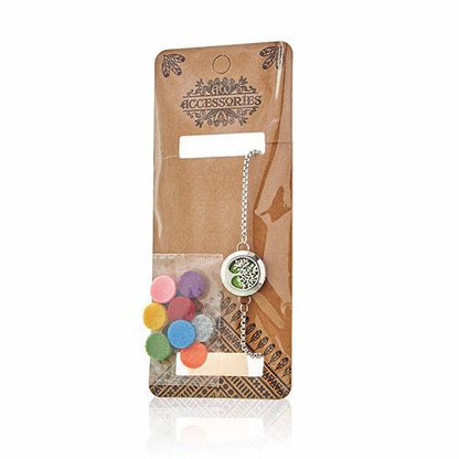 Stainless Steel Aromatherapy Bracelet – Cat & Flowers 20MM with vented locket charm and colorful refill pads, packaged on card