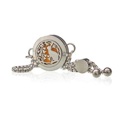Alt Tag: Stainless Steel Aromatherapy Bracelet – Cat & Flowers 20MM, pulsera de acero inoxidable con medallón ventilado de gato y flores