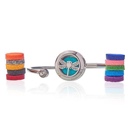 Stainless Steel Aromatherapy Bracelet – Dragonfly 20MM with stainless steel locket and colorful felt pads for essential oils, close-up
