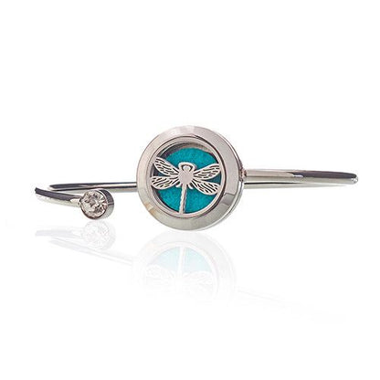 Stainless Steel Aromatherapy Bracelet – Dragonfly 20MM, silver bangle with 20mm dragonfly diffuser locket and blue pad