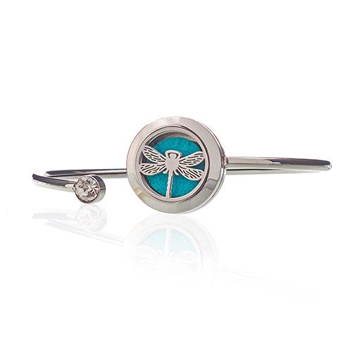 Stainless Steel Aromatherapy Bracelet – Dragonfly 20MM, silver bangle with 20mm dragonfly diffuser locket and blue pad