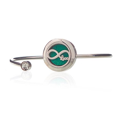 Alt Tag: Stainless Steel Aromatherapy Bracelet – Infinite Love 20MM con locket redondo y símbolo infinito, acabado en acero inoxidable