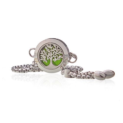 Alt Tag: Stainless Steel Aromatherapy Bracelet – Tree of Life, 20MM con medallón difusor redondo y cadena de acero inoxidable