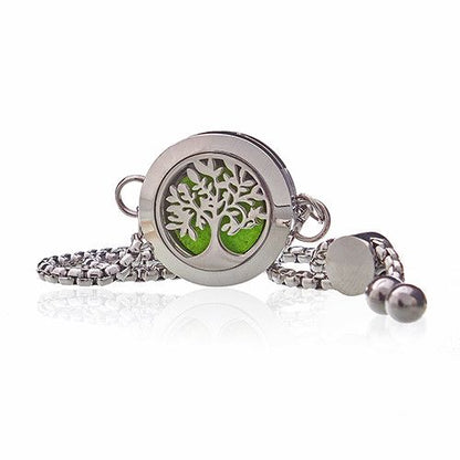 Alt Tag: Stainless Steel Aromatherapy Bracelet – Tree of Life, 20MM stainless steel diffuser locket bracelet with tree cutout and green pad