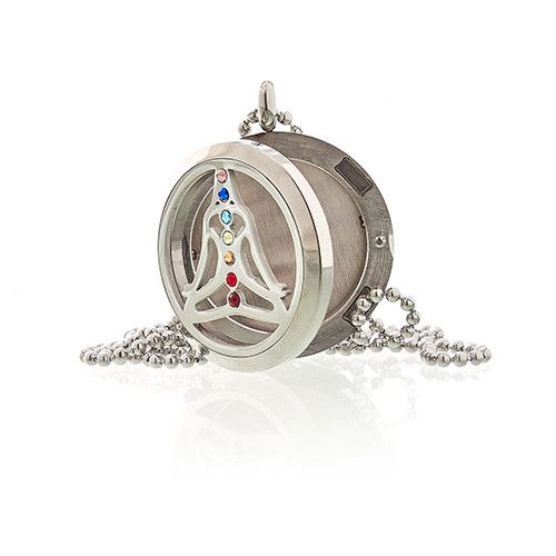 Stainless Steel Aromatherapy Necklace – 30MM Yoga Chakra, colgante difusor redondo de acero inoxidable con diseño chakra y cadena