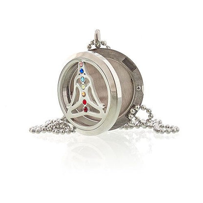 Stainless Steel Aromatherapy Necklace – 30MM Yoga Chakra, colgante difusor redondo de acero inoxidable con diseño chakra y cadena