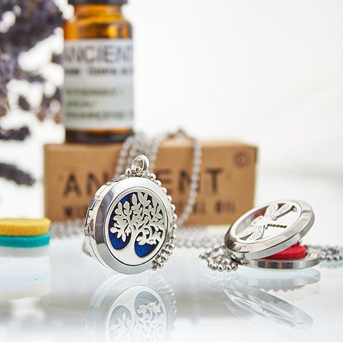 Stainless Steel Aromatherapy Necklace – 30MM Yoga Chakra locket diffuser pendant with chain, essential oil pads and tree design