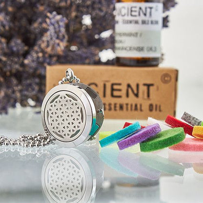 Stainless Steel Aromatherapy Necklace – Flower of Life 25MM locket pendant with chain, essential oil pads and bottle