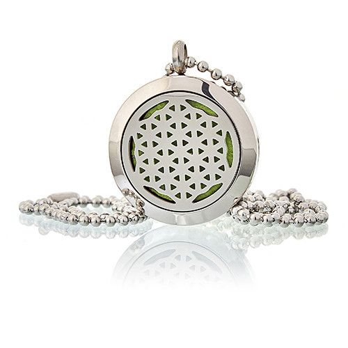Alt Tag: Stainless Steel Aromatherapy Necklace – Flower of Life 25MM stainless steel locket pendant with Flower of Life cutout on bead chain
