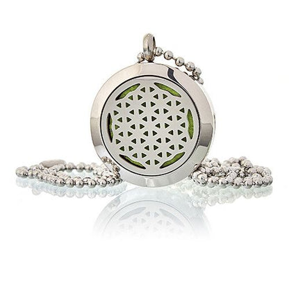 Alt Tag: Stainless Steel Aromatherapy Necklace – Flower of Life 25MM stainless steel locket pendant with Flower of Life cutout on bead chain