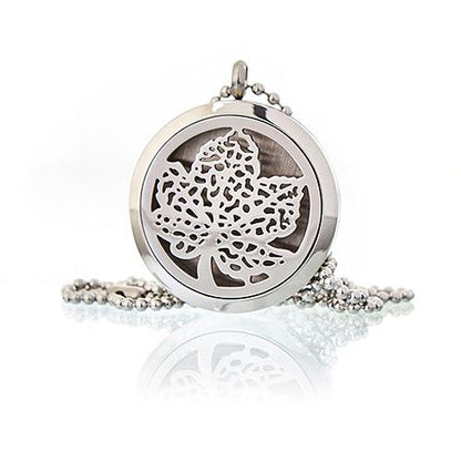 Halsband med aromawellness-diffuser i rostfritt stål – Leaf 30MM medaljonghänge med 30 mm blad i rostfritt stål på kedja, framifrån