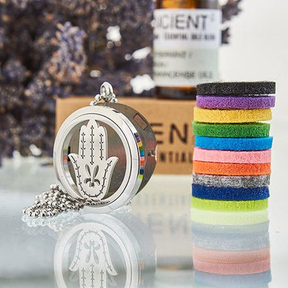 Stainless Steel Aromawellness Necklace – Hand of Fatima 30MM locket diffuser with chain and colorful essential oil pads