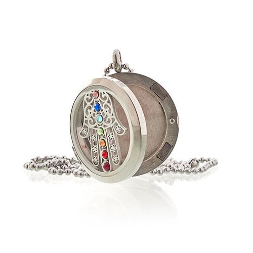 Alt Tag: Stainless Steel Hamsa Chakra Necklace – 30MM stainless steel round locket pendant with Hamsa cutout and rainbow chakra stones on chain