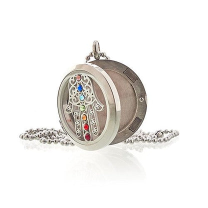 Alt Tag: Stainless Steel Hamsa Chakra Necklace – 30MM stainless steel round locket pendant with Hamsa cutout and rainbow chakra stones on chain