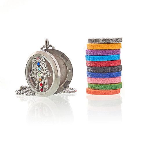 Stainless Steel Hamsa Chakra Necklace – 30MM diffuser locket pendant with Hamsa hand design and multicolor felt pads