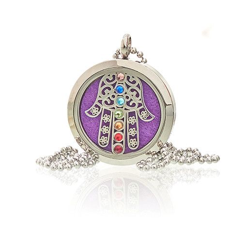 Stainless Steel Hamsa Chakra Necklace – 30MM locket colgante con símbolo Hamsa y piedras multicolor en cadena de acero inoxidable