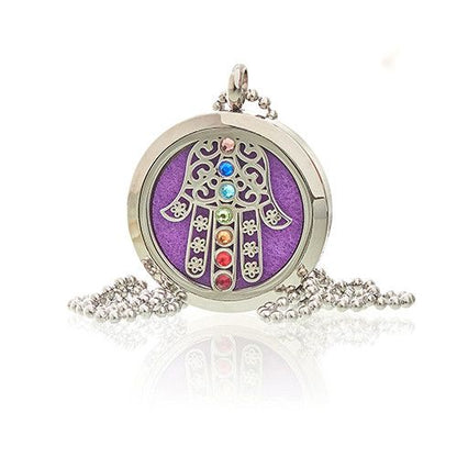 Stainless Steel Hamsa Chakra Necklace – 30MM locket colgante con símbolo Hamsa y piedras multicolor en cadena de acero inoxidable