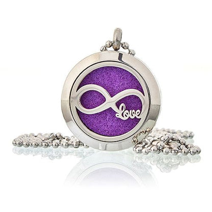 Alt Tag: Stainless Steel Infinity Love Aromatherapy Necklace – 25MM silver diffuser pendant with infinity love cutout and purple felt pad on chain