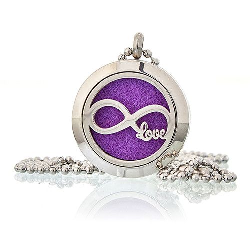 Alt Tag: Stainless Steel Infinity Love Aromatherapy Necklace – 25MM silver diffuser pendant with infinity love cutout and purple felt pad on chain