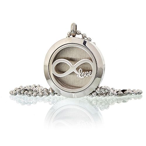 Alt Tag: Stainless Steel Infinity Love Aromatherapy Necklace – 25MM silver round pendant with infinity love cutout on chain