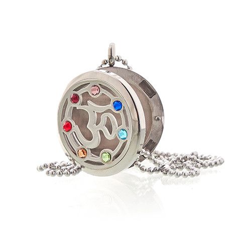 Stainless Steel Om Chakra Aromatherapy Necklace – 30MM, collar difusor redondo con símbolo Om y cristales de colores, cadena de acero