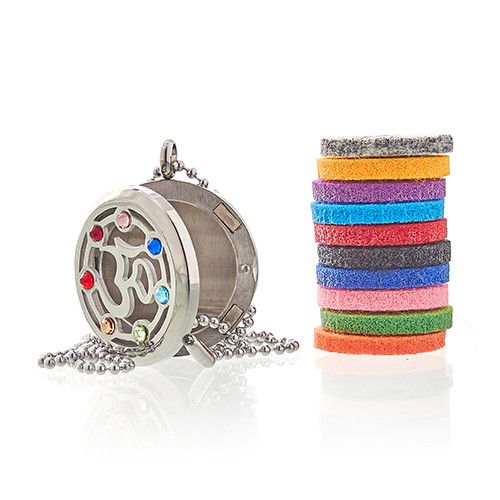 Stainless Steel Om Chakra Aromatherapy Necklace – 30MM diffuser locket pendant with chain and colorful felt pads