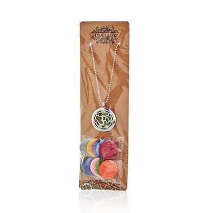 Alt Tag: Stainless Steel Om Chakra Aromatherapy Necklace – 30MM collar difusor con colgante redondo y almohadillas de fieltro de colores
