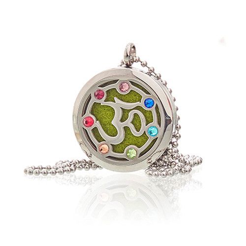 Stainless Steel Om Chakra Aromatherapy Necklace – 30MM diffuser locket with Om cutout, colorful crystals and chain