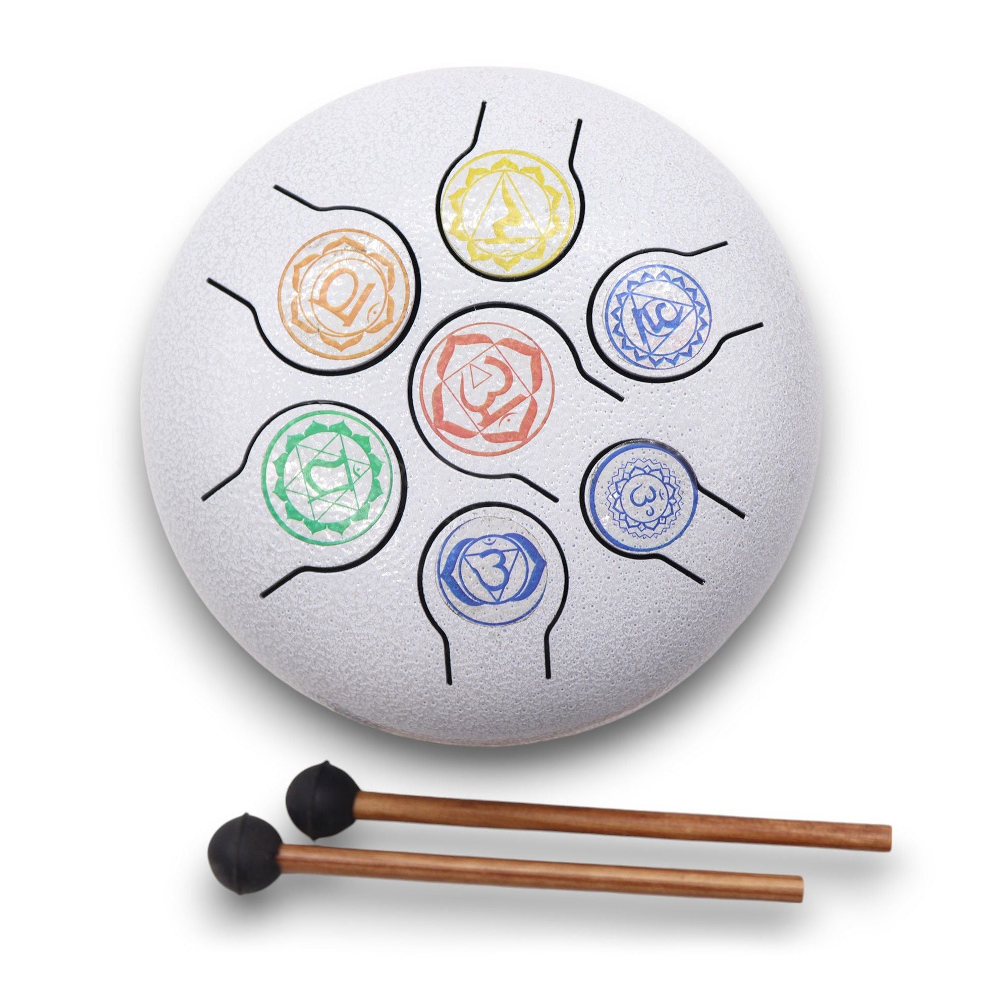 Alt Tag: Steel Tongue Happy Drum – 7 Chakra – 18 CM, tambor de lengüetas de acero 18 cm pintado a mano con colores chakra y mazas