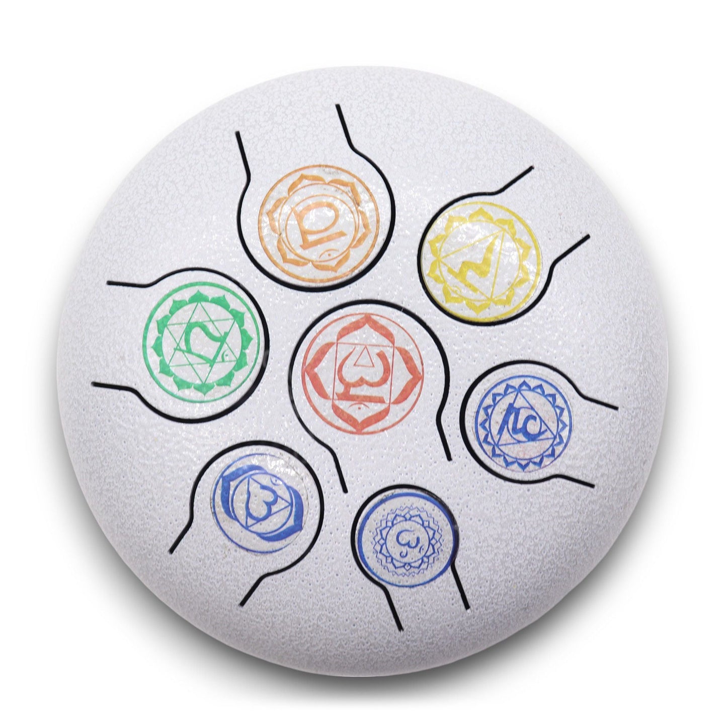 Steel Tongue Happy Drum – 7 Chakra – 18 CM, tambor de lengua de acero blanco con símbolos de 7 chakras pintados a color