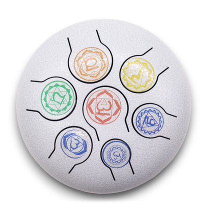 Steel Tongue Happy Drum – 7 Chakra – 18 CM, tambor de lengua de acero blanco con símbolos de 7 chakras pintados a color