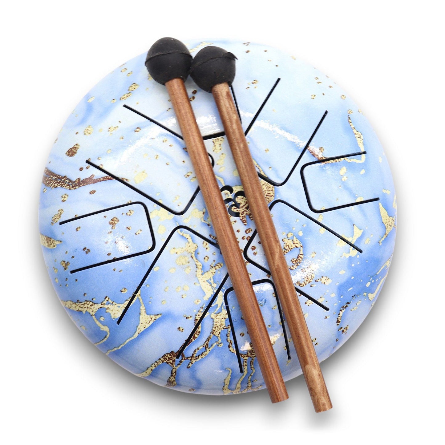 Steel Tongue Happy Drum – Blue Sky Om – 18 CM en color azul cielo con símbolo Om y dos baquetas de madera sobre el tambor