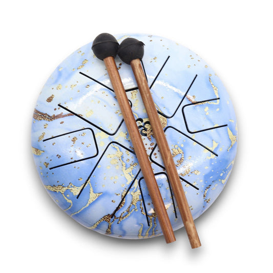 Steel Tongue Happy Drum – Blue Sky Om – 18 CM sky-blue steel tongue drum with Om symbol and mallets, top view