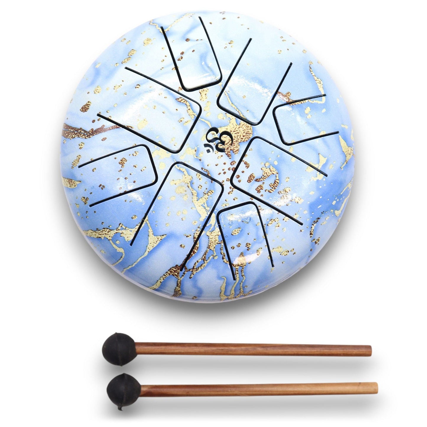 Alt Tag: Steel Tongue Happy Drum – Blue Sky Om – 18 CM tambor de lengüetas de acero azul cielo con símbolo Om, incluye baquetas