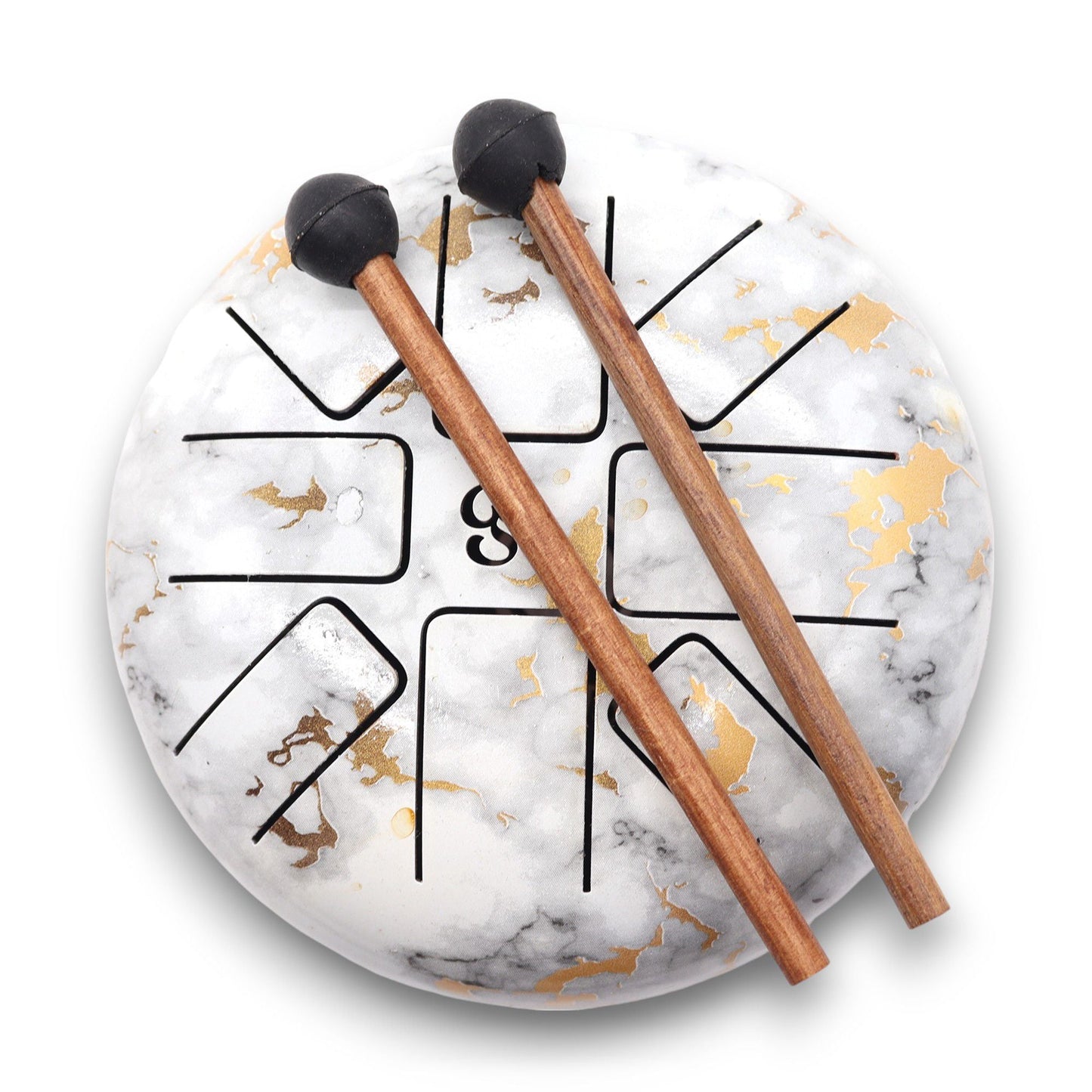 Alt Tagg: Steel Tongue Happy Drum – Marble OM – 18 CM med vit och guldfärgad marmorerad finish, inklusive två klubbor i trä