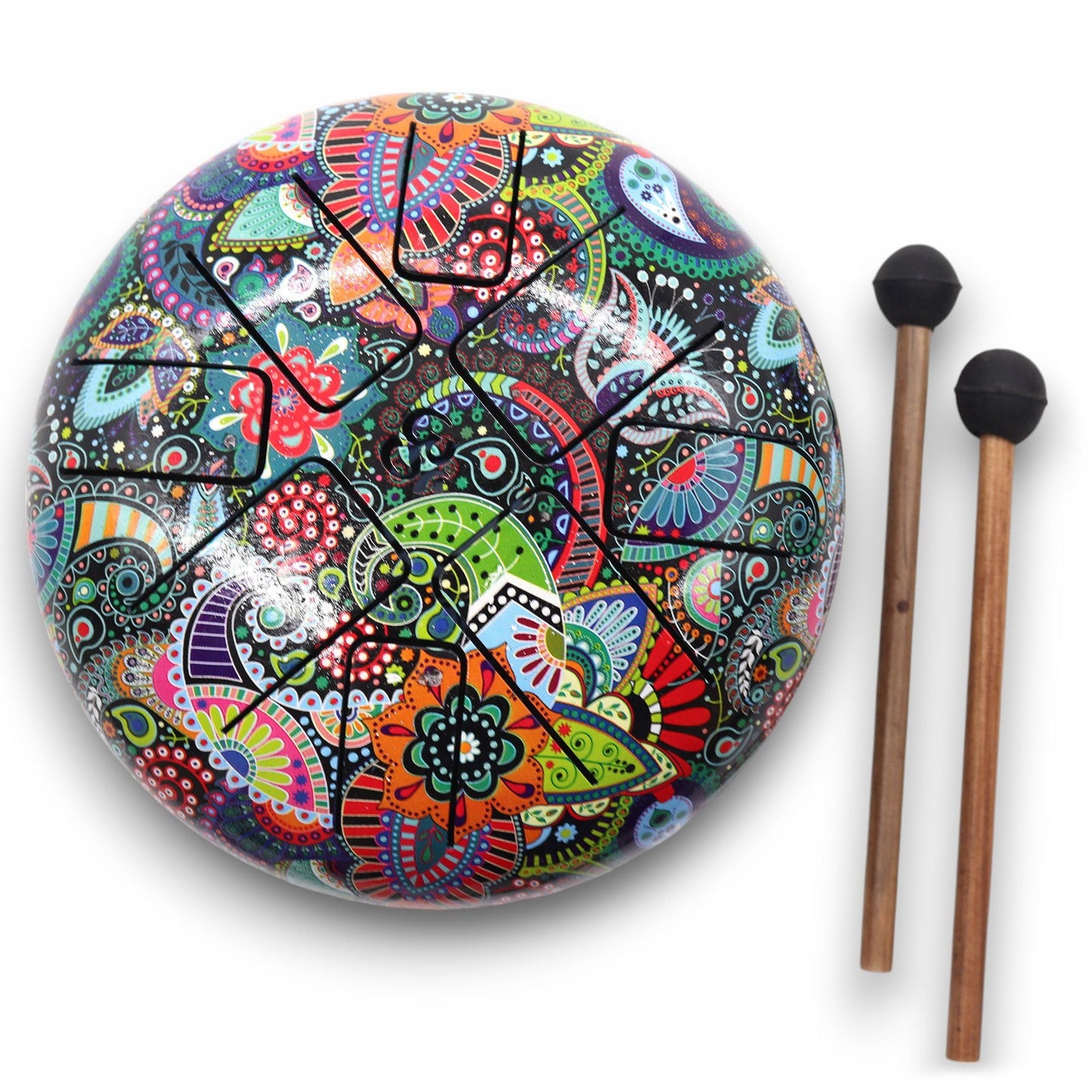 Alt Tagg: Steel Tongue Happy Drum – Flerfärgad OM – 18 CM handmålad steel tongue drum med färgstark mandaladesign och två klubbor
