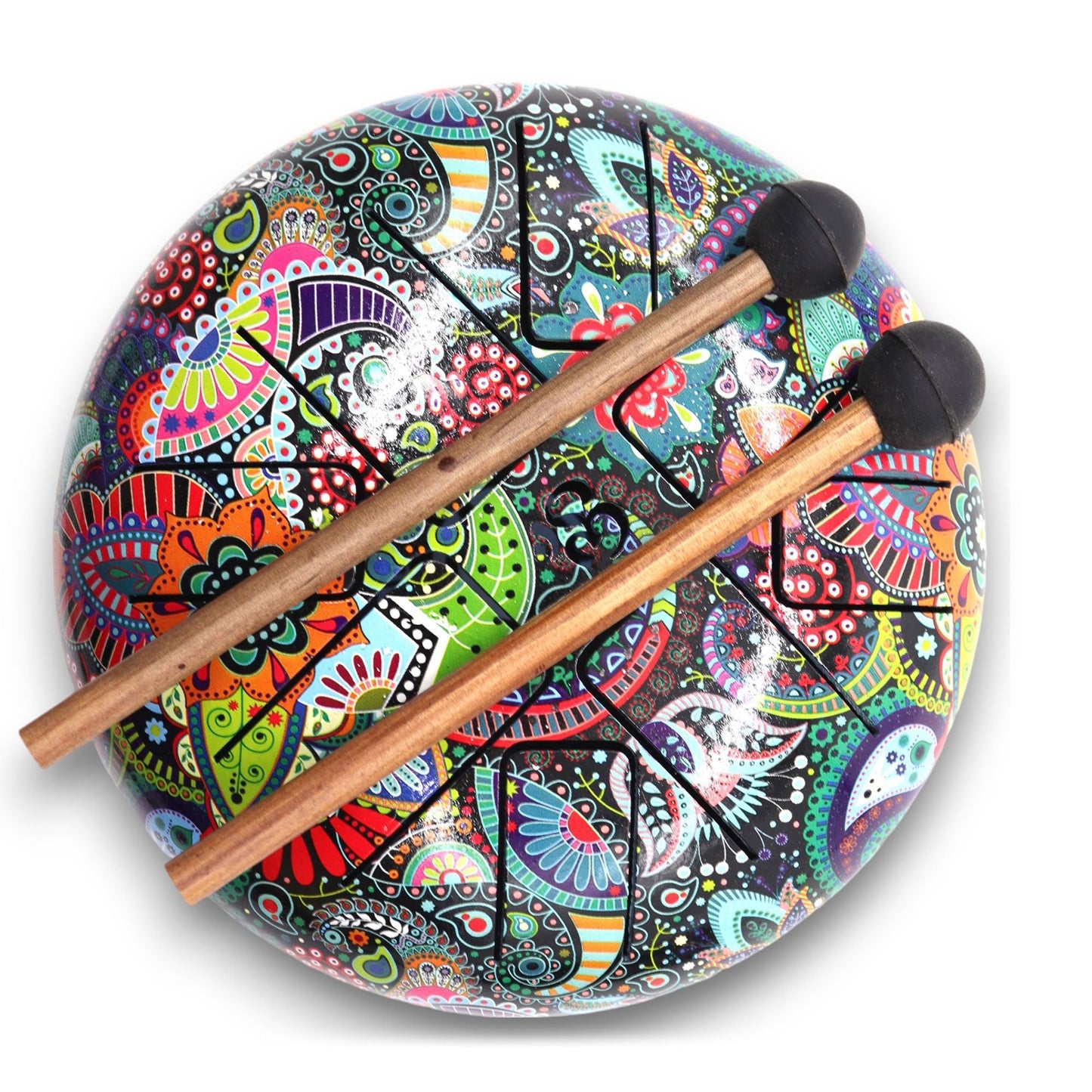 Steel Tongue Happy Drum – flerfärgad OM – 18 CM, handmålad steel tongue drum med färgstark OM-design och två klubbor