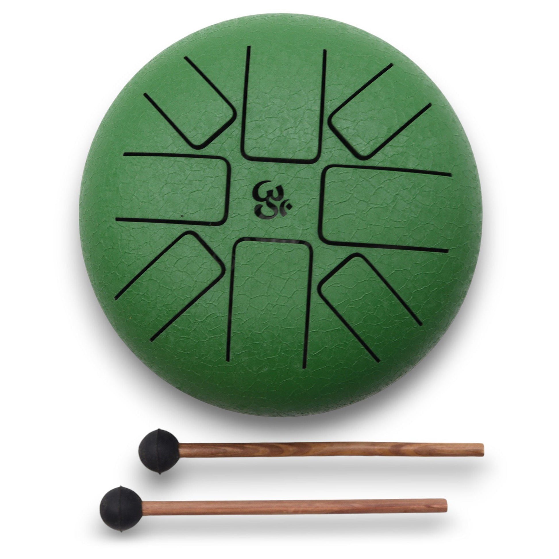 Steel Tongue Happy Drum – Om Green – 16 CM, grön ståltungtrumma med Om-symbol och klubbor