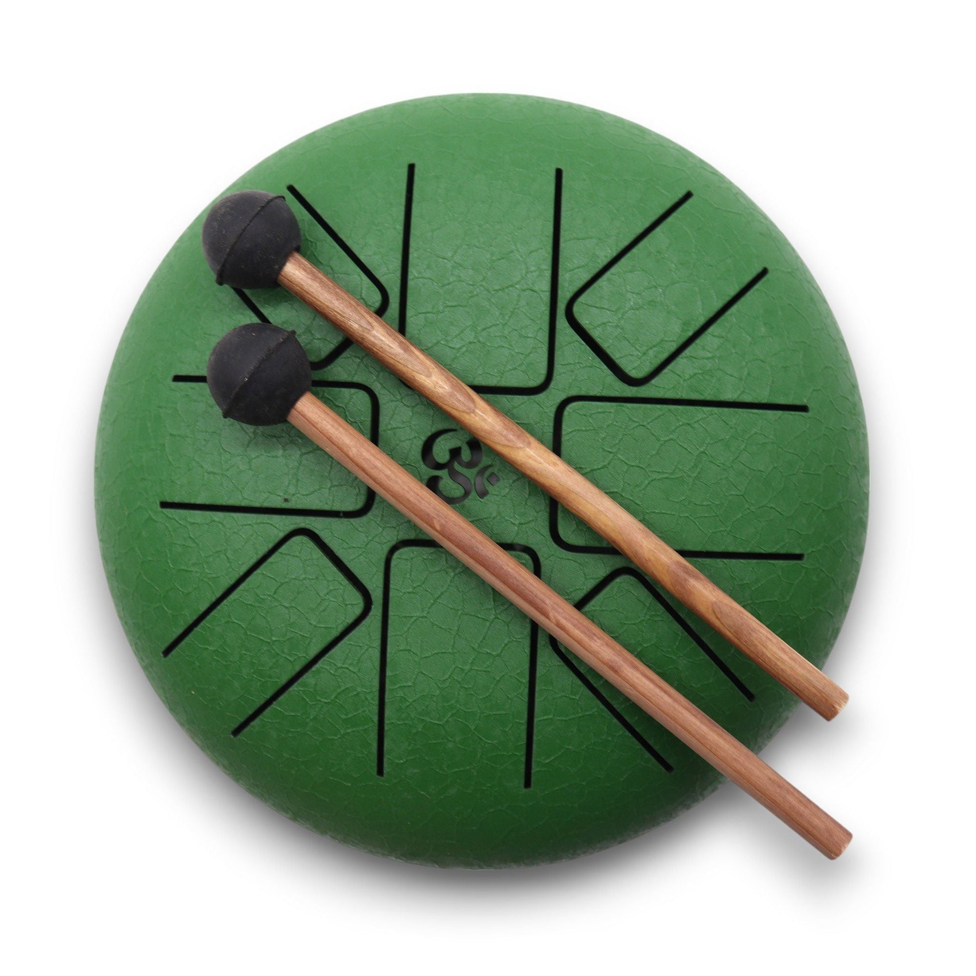 Steel Tongue Happy Drum – Om Green – 16 CM grön steel tongue drum med Om-symbol och två klubbor, 16 cm