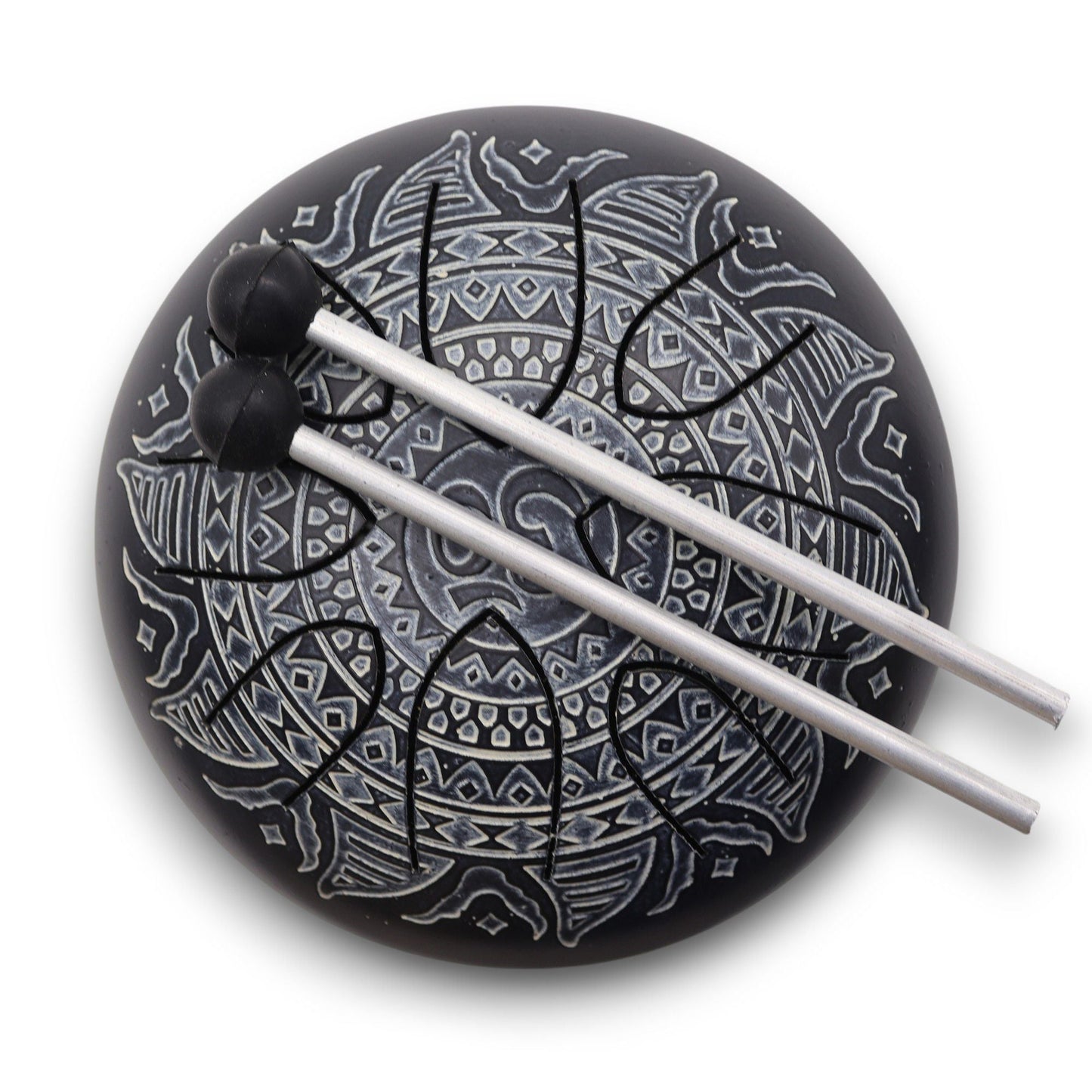 Steel Tongue Happy Drum – OM Mandala ingraverad – 16 CM, svart ståltungtrumma med ingraverad OM-mandala och klubbor